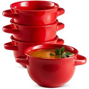 Soup Crocks with Handles, Ceramic Make, Great for Chili, Soup, SET OF 4 Cherry